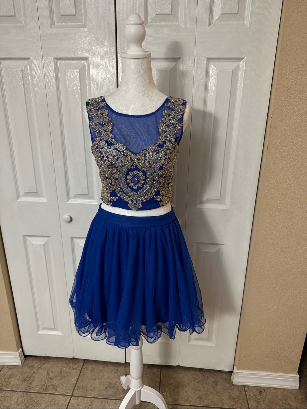 Jodi Kristopher Royal Blue Two-Piece Embellished Skater Set